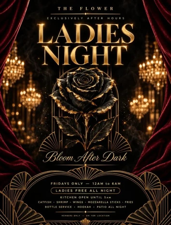 The Flower Ladies Night poster: Bloom After Dark. Fridays, 12 AM to 6 AM.