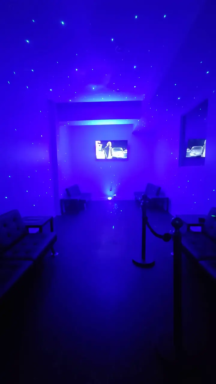 The starlit hall with its wall screens and velvet rope.